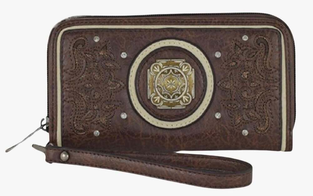 Justin Women's Brown Faux Leather Concho Zip Around Wristlet Wallet